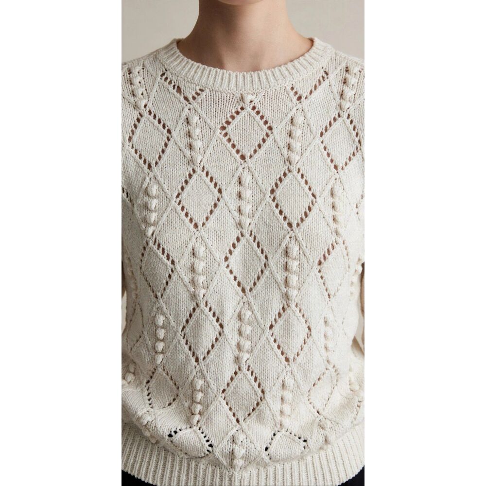 LOFT Womens M Ivory Diamond Pointelle Bobble Knit Crew Neck Sweater Coquette